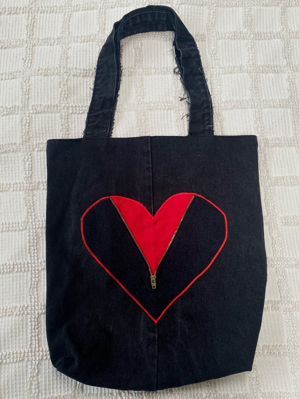 Handmade recycled denim zipper heart tote bag with red cotton cheetah lining